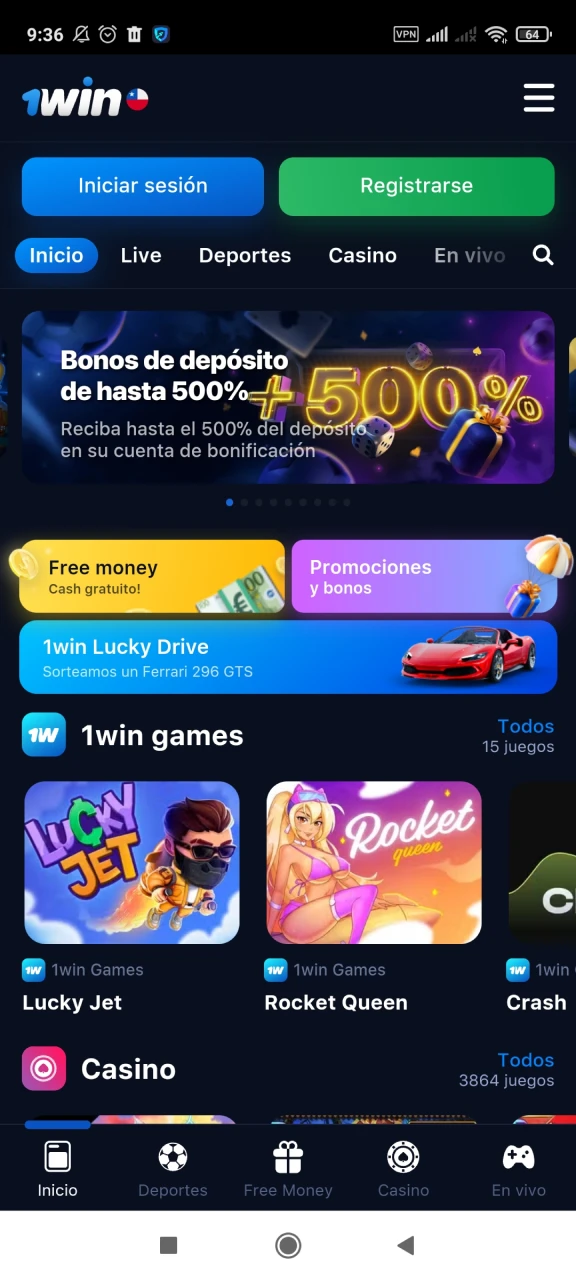 Explora la página con bonos en la aplicación 1win.