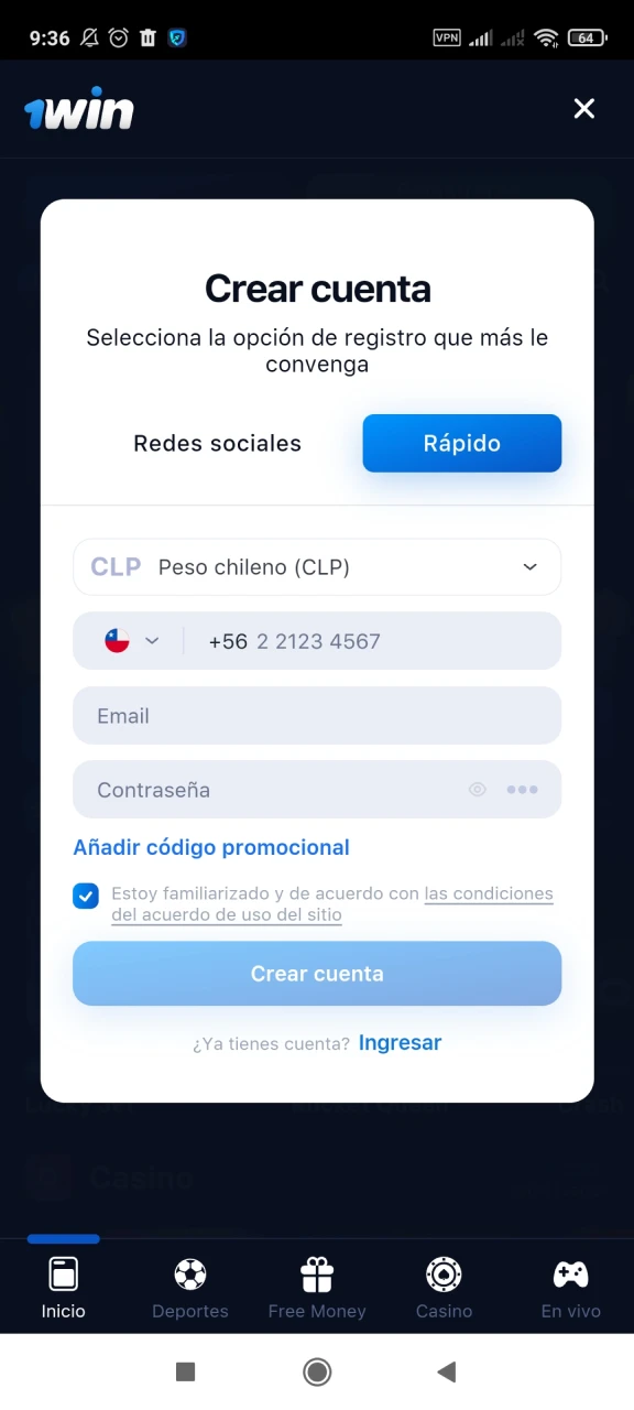 La aplicación 1win tiene un proceso de registro muy sencillo.