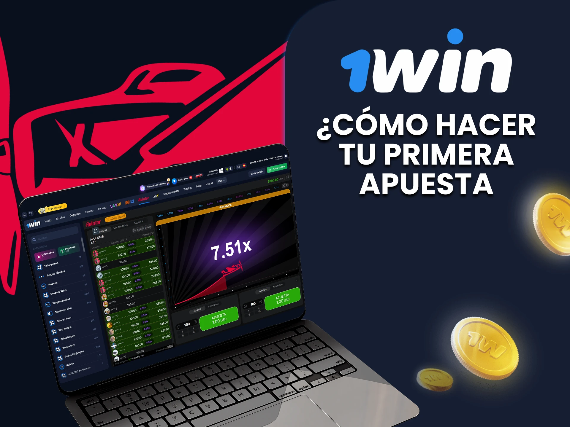 Inicie sesión en el juego Aviator de 1win para realizar su primera apuesta.