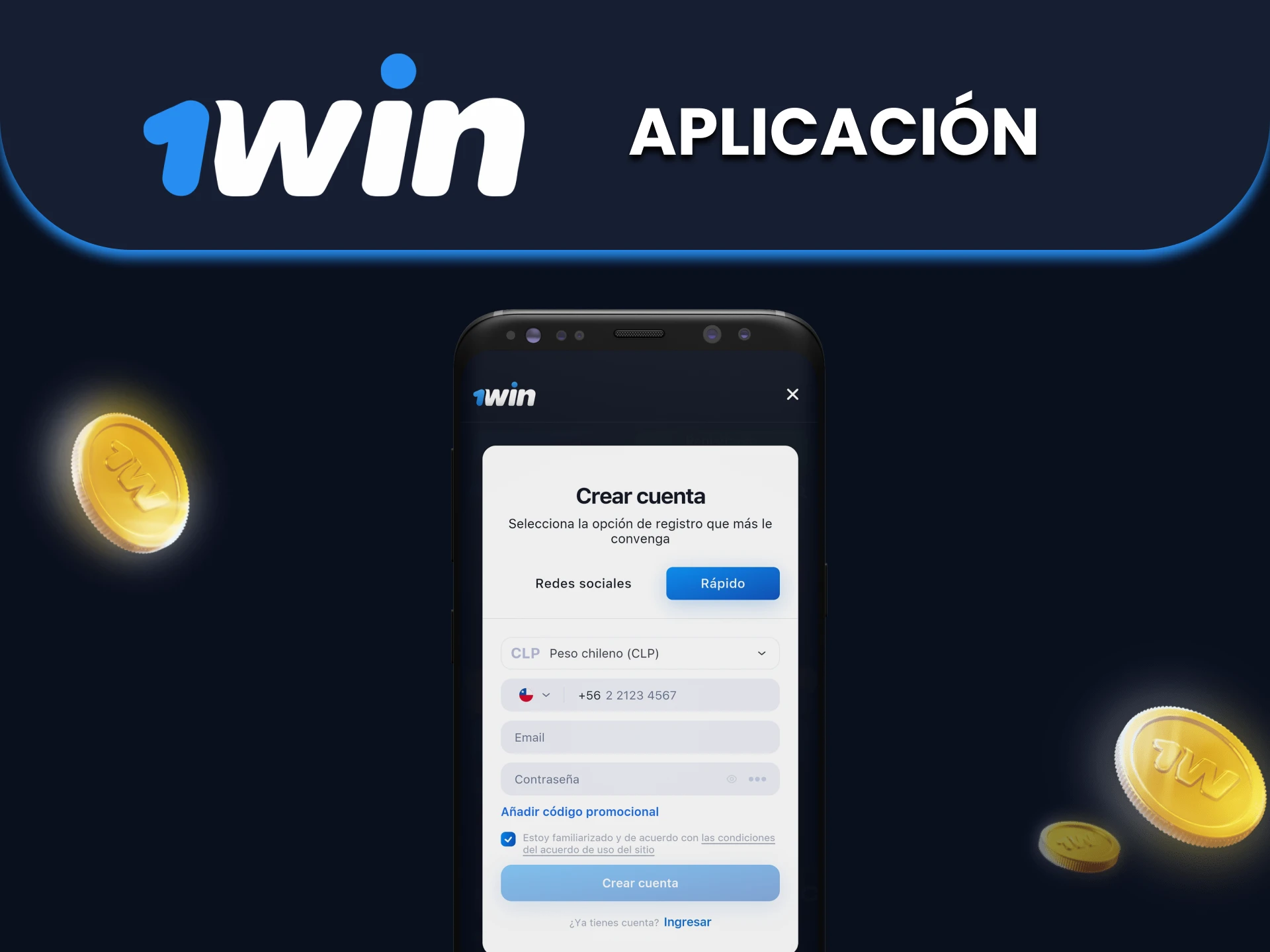 Puedes registrarte a través de la aplicación 1win.